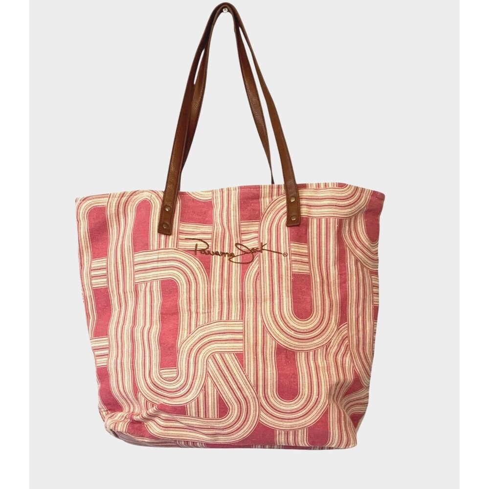 Panama Jack Large Rose/Cream Zip Canvas Tote Bag Leather Handles Beach Sun Pool